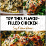 Close-up of oven baked spinach artichoke stuffed chicken on a serving plate with vegetables and herbs.